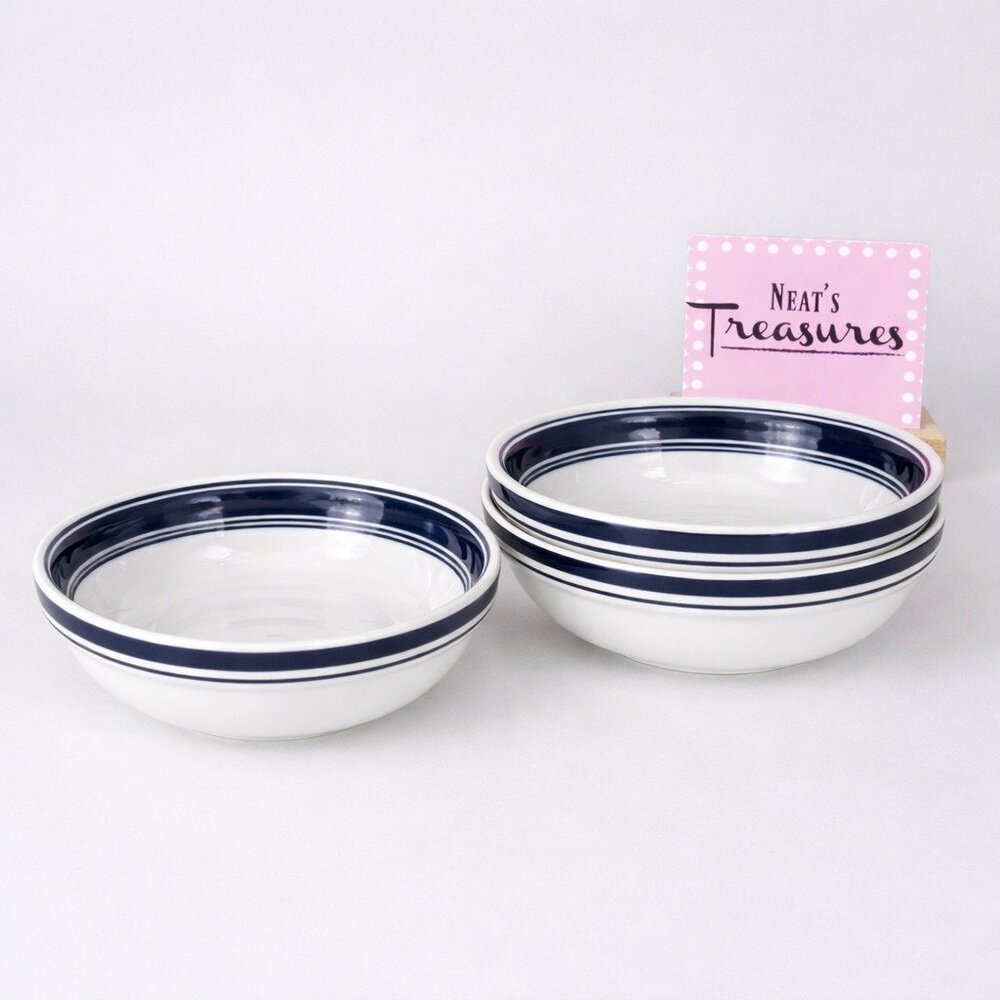 Culinary Arts CAFEWARE White Cobalt Blue Ring Stackable  Soup Cereal Bowls Set 4